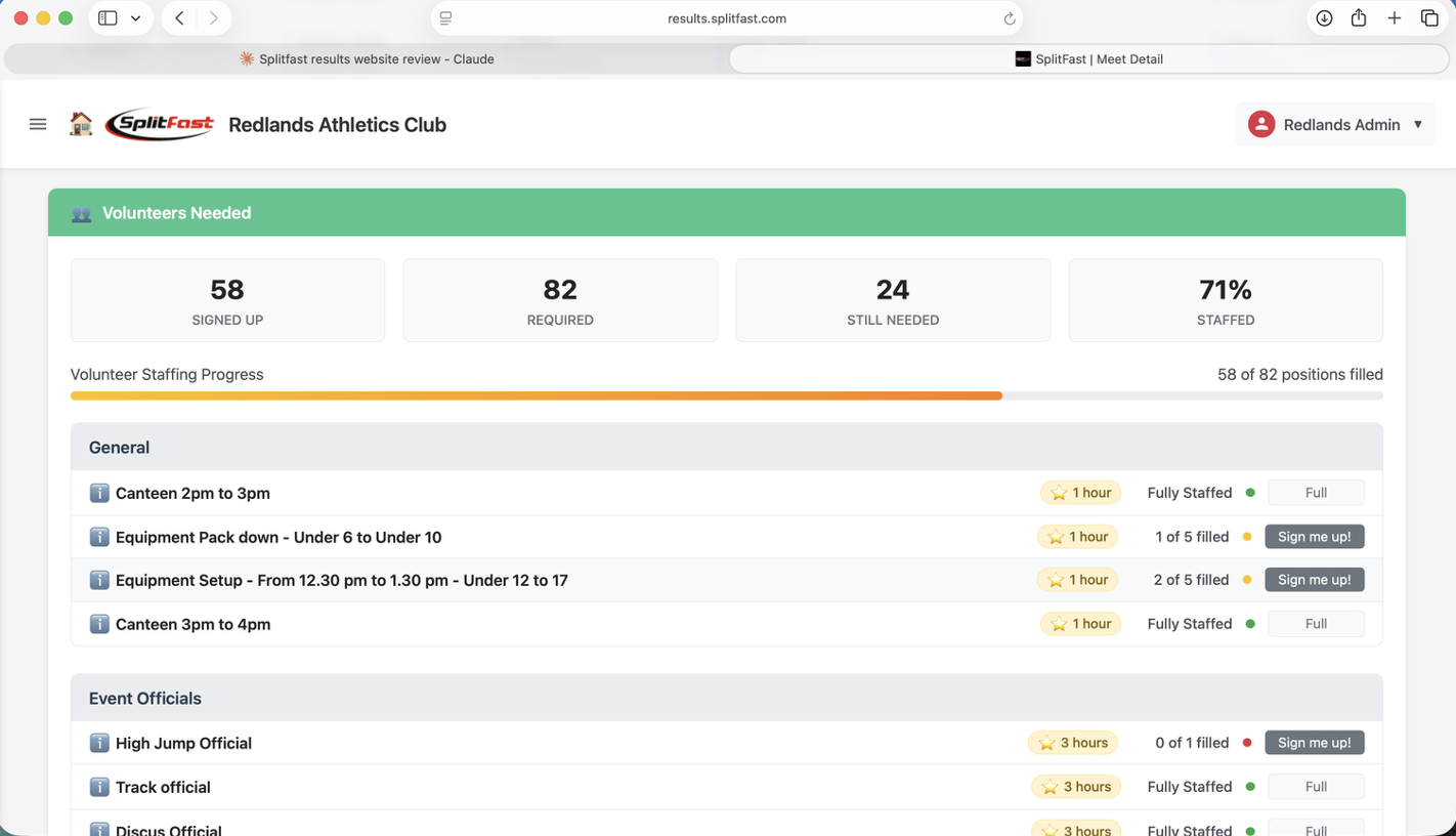 SplitFast Results Portal Volunteer signup page